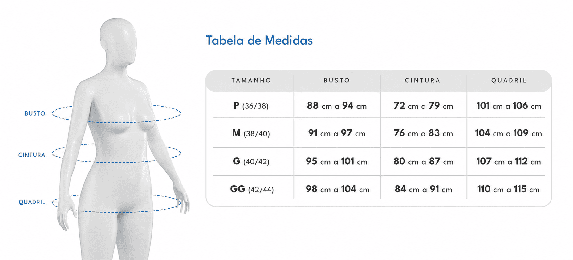 Tabela de medidas com busto, cintura e quadril